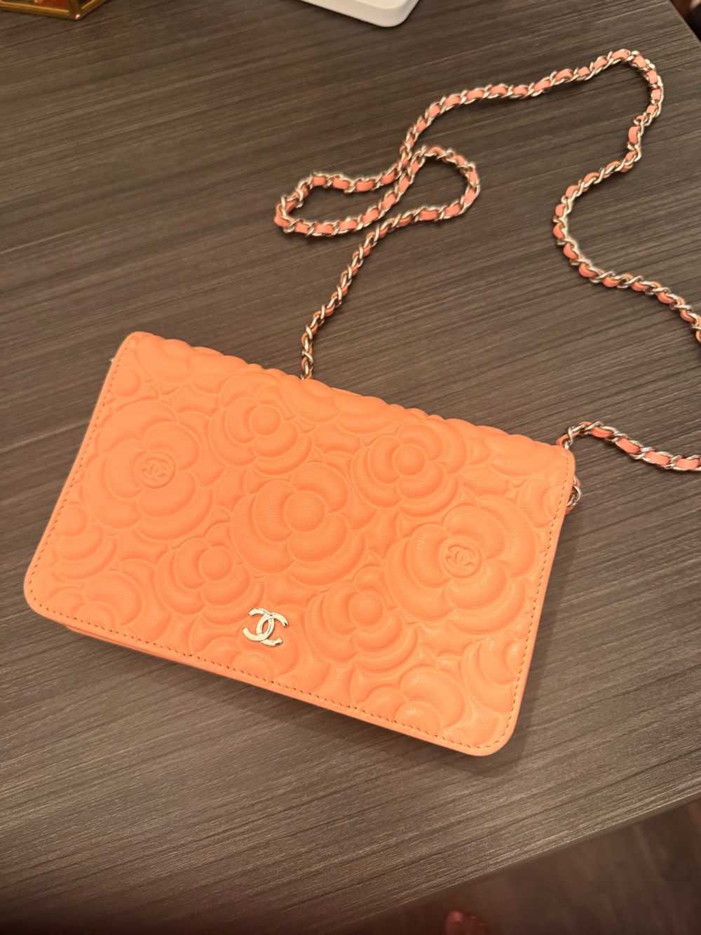 CHANEL Coral Camellia Quilted Chain Crossbody